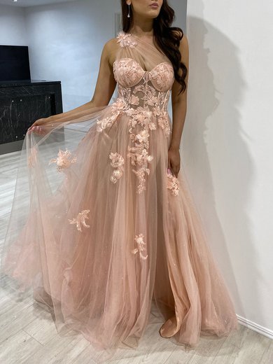 Ball Gown/Princess One Shoulder Tulle Glitter Sweep Train Prom Dresses With Appliques Lace S020118315
