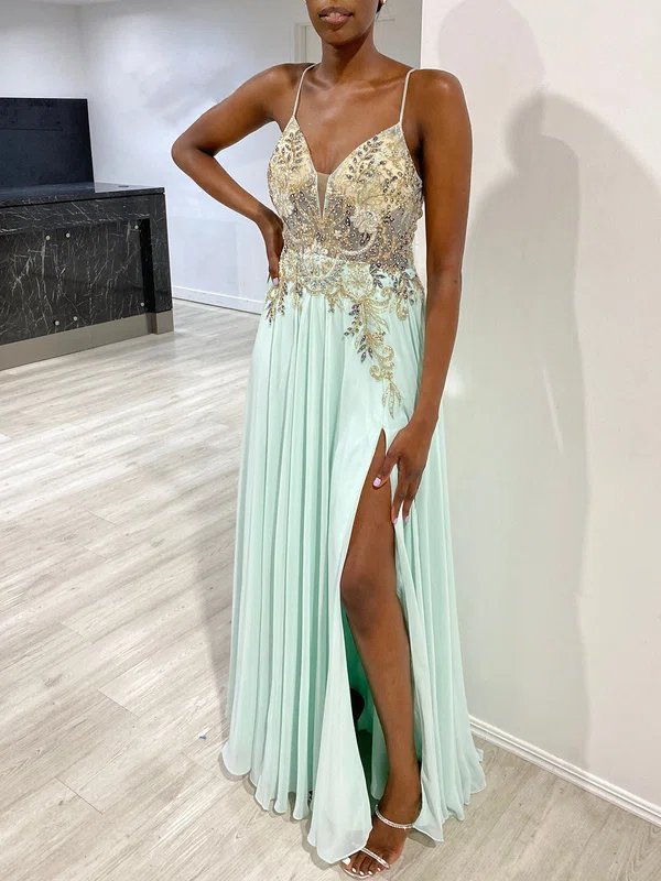 A-line V-neck Chiffon Floor-length Prom Dresses With Beading #Milly020118322