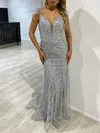 Trumpet/Mermaid V-neck Glitter Sweep Train Prom Dresses With Feathers / Fur #Milly020118325