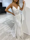 Trumpet/Mermaid V-neck Tulle Sweep Train Prom Dresses With Appliques Lace #Milly020118330