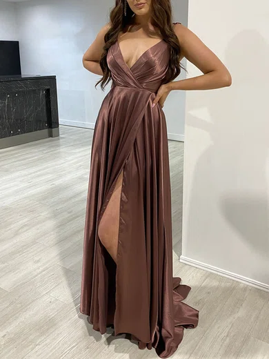 A-line V-neck Silk-like Satin Floor-length Prom Dresses With Ruffles #Milly020118334