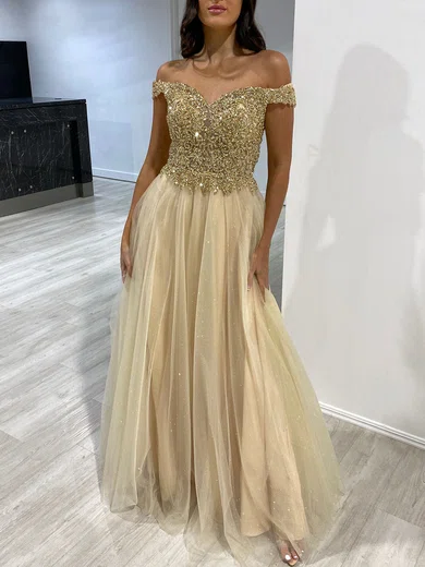Ball Gown Off-the-shoulder Tulle Prom Dresses With Beading #Milly020118335