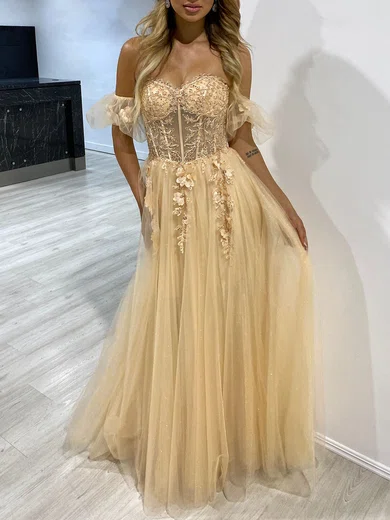 Ball Gown Sweetheart Puff Sleeve Tulle Prom Dresses With Appliques #Milly020118337