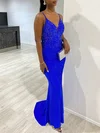 Trumpet/Mermaid V-neck Jersey Sweep Train Prom Dresses With Beading #Milly020118349