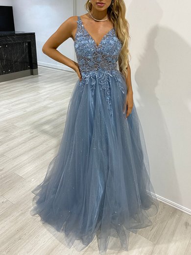 Ball Gown/Princess V-neck Tulle Glitter Floor-length Prom Dresses With Beading #Milly020118356