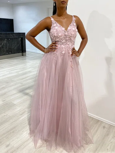 Ball Gown V-neck Tulle Prom Dresses With Appliques #Milly020118357