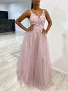 Ball Gown/Princess V-neck Tulle Glitter Floor-length Prom Dresses With Beading #Milly020118357