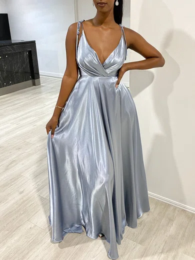 A-line V-neck Silk-like Satin Floor-length Prom Dresses With Ruffles #Milly020118362