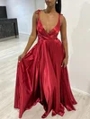 A-line V-neck Silk-like Satin Floor-length Prom Dresses With Ruffles #Milly020118363