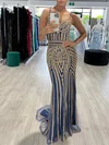 Trumpet/Mermaid V-neck Tulle Sweep Train Prom Dresses With Beading #Milly020118426