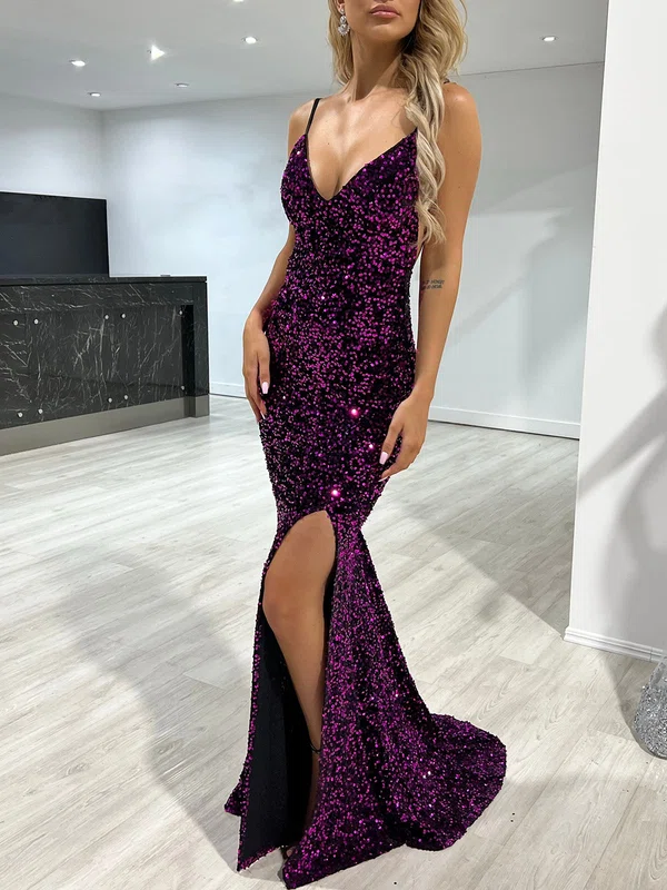 Trumpet/Mermaid V-neck Velvet Sequins Sweep Train Prom Dresses With Split Front #Milly020118431