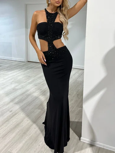 Sheath/Column Scoop Neck Jersey Cut Out Prom Dresses With Appliques #Milly020118432