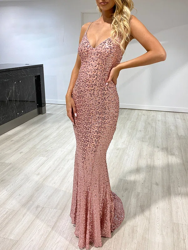 Trumpet/Mermaid V-neck Sequined Sweep Train Prom Dresses #Milly020118448