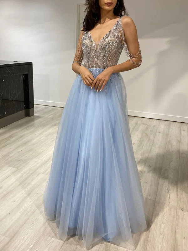 Ball Gown/Princess V-neck Tulle Floor-length Prom Dresses With Beading #Milly020118450