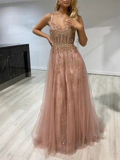 Ball Gown V-neck Tulle Corset Prom Dresses With Appliques #Milly020118482