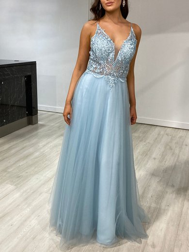 Ball Gown/Princess V-neck Tulle Floor-length Prom Dresses With Beading #Milly020118485