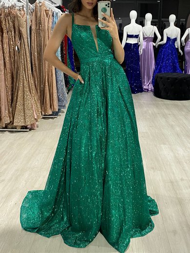 Ball Gown/Princess Square Neckline Glitter Sweep Train Prom Dresses #Milly020118496