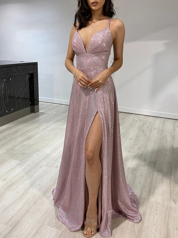 A-line V-neck Glitter Floor-length Prom Dresses With Split Front #Milly020118497