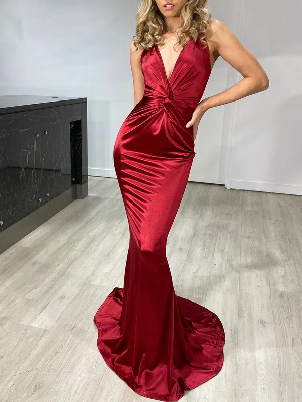 Trumpet/Mermaid V-neck Silk-like Satin Sweep Train Prom Dresses With Ruched #Milly020118527