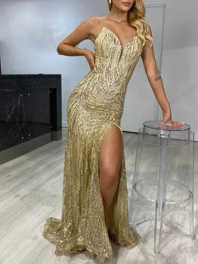 Trumpet/Mermaid V-neck Sequined Sweep Train Prom Dresses With Split Front #Milly020118540