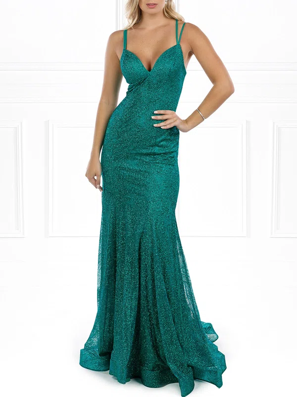 Trumpet/Mermaid V-neck Glitter Sweep Train Prom Dresses #Milly020118542