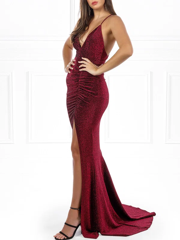 Trumpet/Mermaid V-neck Shimmer Crepe Sweep Train Prom Dresses With Ruched #Milly020118546