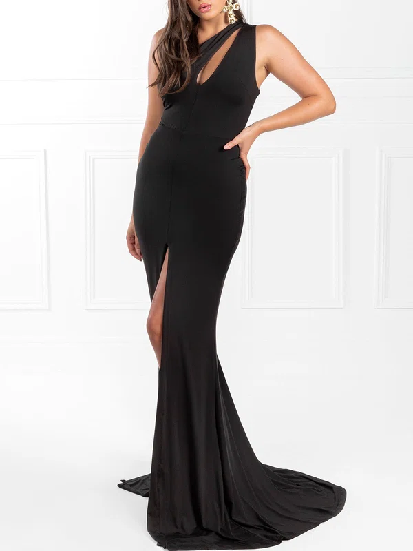 Trumpet/Mermaid One Shoulder Jersey Sweep Train Prom Dresses With Split Front #Milly020118548