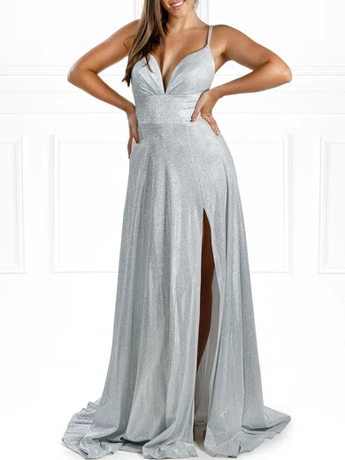 A-line V-neck Glitter Prom Dresses With Split #Milly020118555