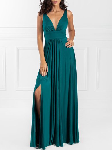 A-line V-neck Jersey Floor-length Prom Dresses With Ruffles #Milly020118557