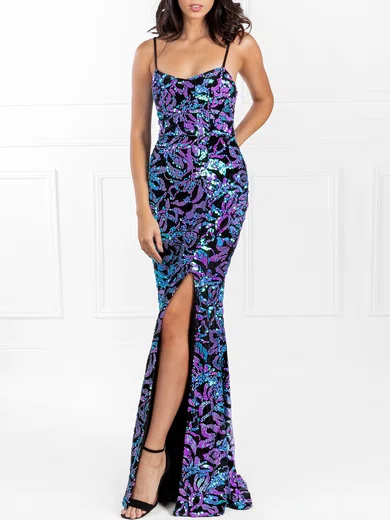 Sheath/Column Scoop Neck Sequined Floor-length Prom Dresses With Split Front #Milly020118558