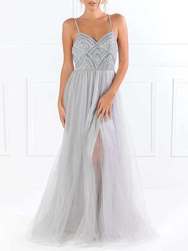 Ball Gown/Princess V-neck Tulle Floor-length Prom Dresses With Beading #Milly020118572