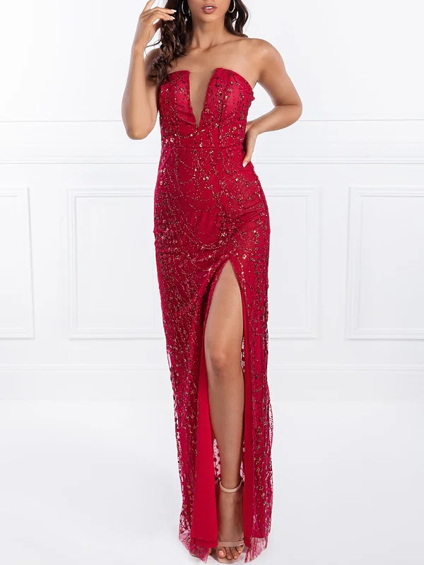 Sheath/Column V-neck Sequined Floor-length Prom Dresses With Split Front #Milly020118577