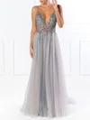 Ball Gown/Princess V-neck Tulle Floor-length Prom Dresses With Beading #Milly020118600