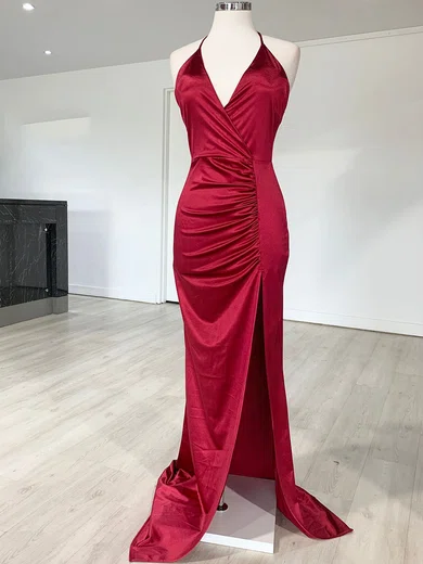 Sheath/Column V-neck Silk-like Satin Sweep Train Prom Dresses With Ruched #Milly020118602