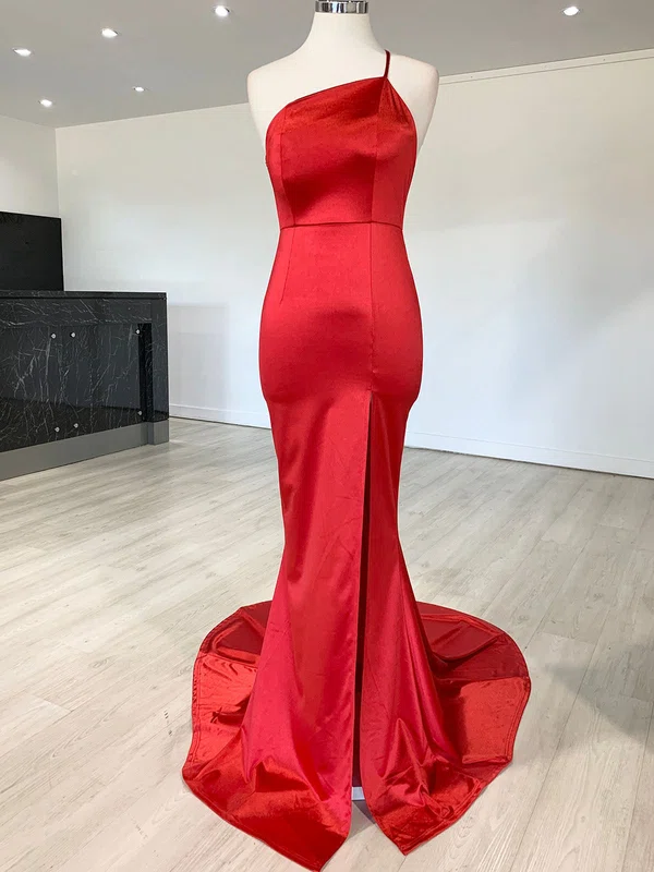 Trumpet/Mermaid One Shoulder Silk-like Satin Sweep Train Prom Dresses With Split Front #Milly020118608