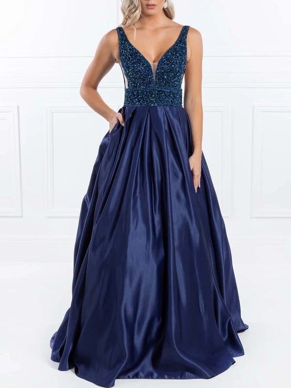 Ball Gown/Princess V-neck Satin Sweep Train Prom Dresses With Beading #Milly020118627