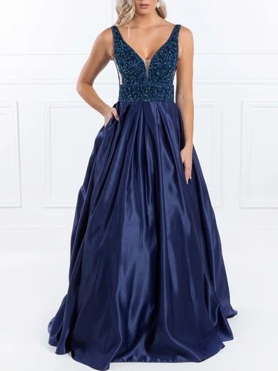 Ball Gown V-neck Satin Prom Dresses With Beading #Milly020118627