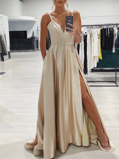 Ball Gown V-neck Satin Prom Dresses With Ruched #Milly020118644