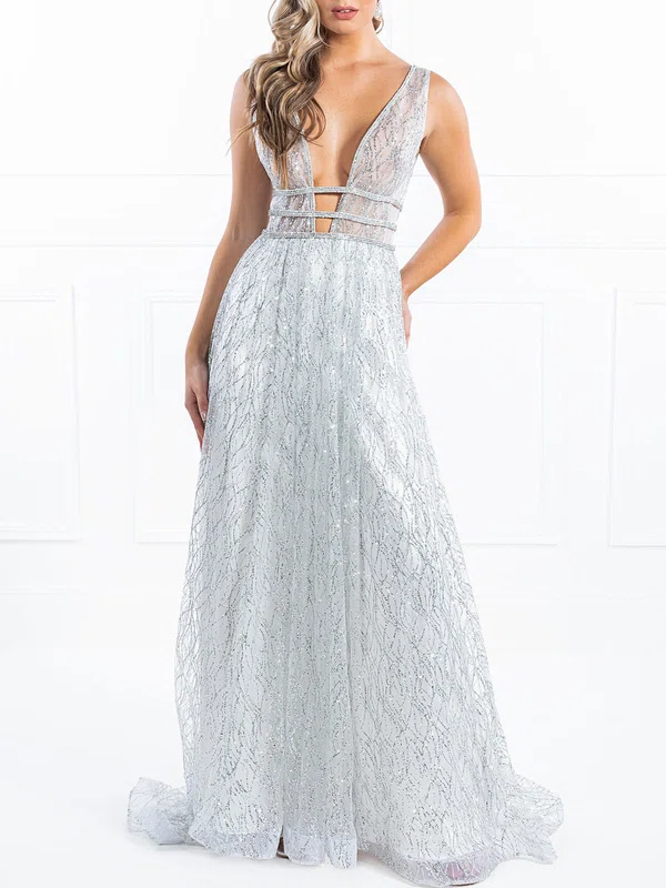 Ball Gown/Princess V-neck Glitter Sweep Train Prom Dresses With Beading #Milly020118648