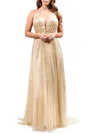 A-line V-neck Glitter Sweep Train Prom Dresses With Ruffles #Milly020118649