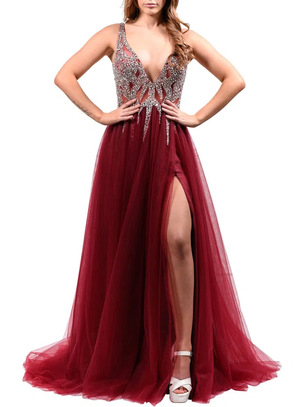 Ball Gown/Princess V-neck Tulle Sweep Train Prom Dresses With Beading #Milly020118652