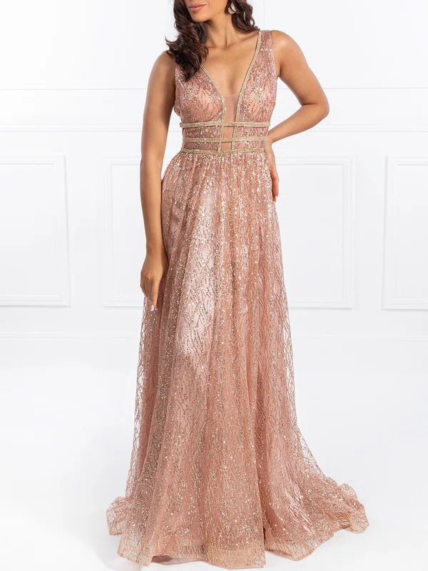 Ball Gown/Princess V-neck Glitter Sweep Train Prom Dresses With Beading #Milly020118653