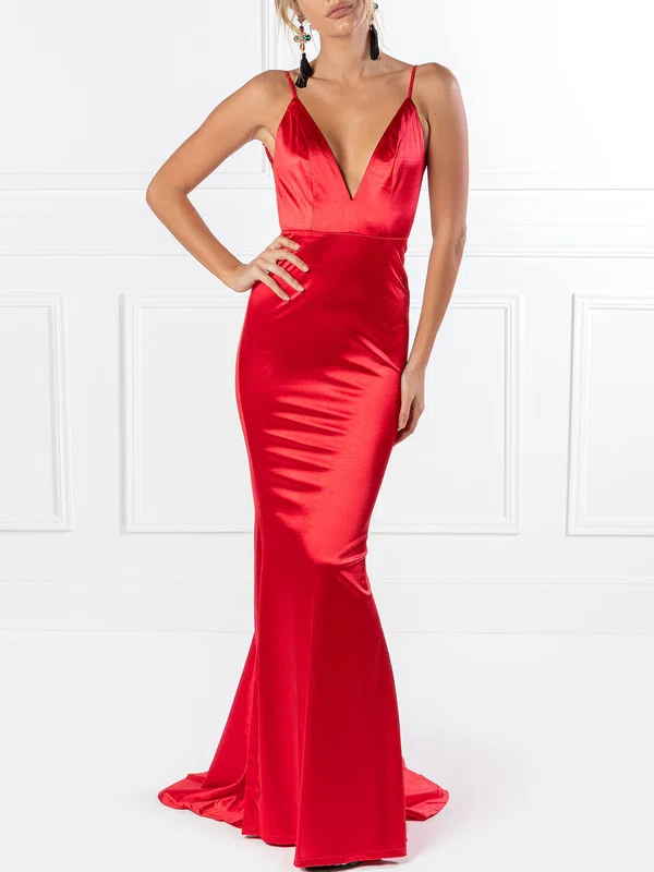 Trumpet/Mermaid V-neck Silk-like Satin Sweep Train Prom Dresses With Ruched #Milly020118662