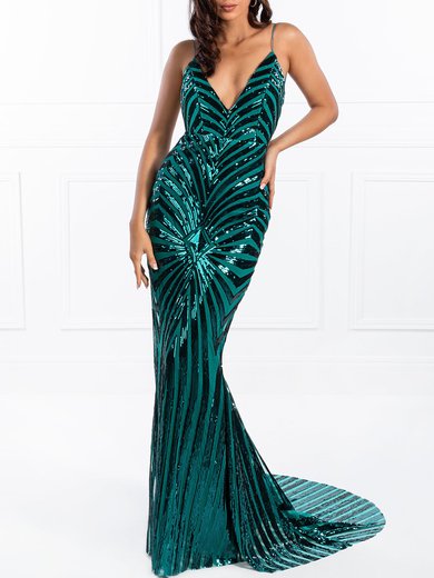 Trumpet/Mermaid V-neck Sequined Sweep Train Prom Dresses #Milly020118669