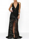 A-line V-neck Sequined Sweep Train Prom Dresses With Split Front #Milly020118681