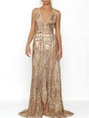 A-line V-neck Sequined Sweep Train Prom Dresses With Split Front #Milly020118682