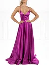 A-line V-neck Silk-like Satin Sweep Train Prom Dresses #Milly020118685