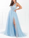 Ball Gown/Princess V-neck Tulle Sweep Train Prom Dresses With Sequins #Milly020118686