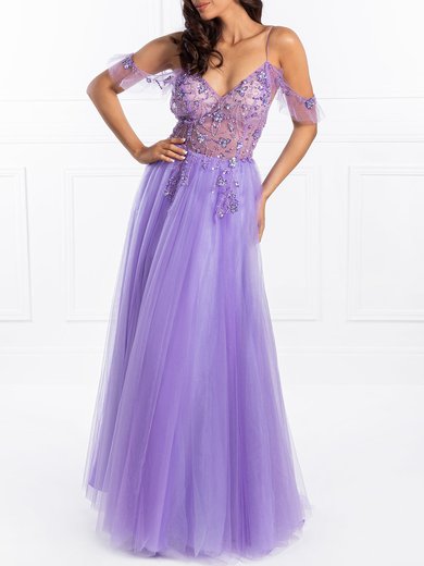 Ball Gown/Princess V-neck Tulle Floor-length Prom Dresses With Sequins #Milly020118689