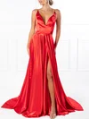 A-line V-neck Silk-like Satin Sweep Train Prom Dresses With Split Front #Milly020118694